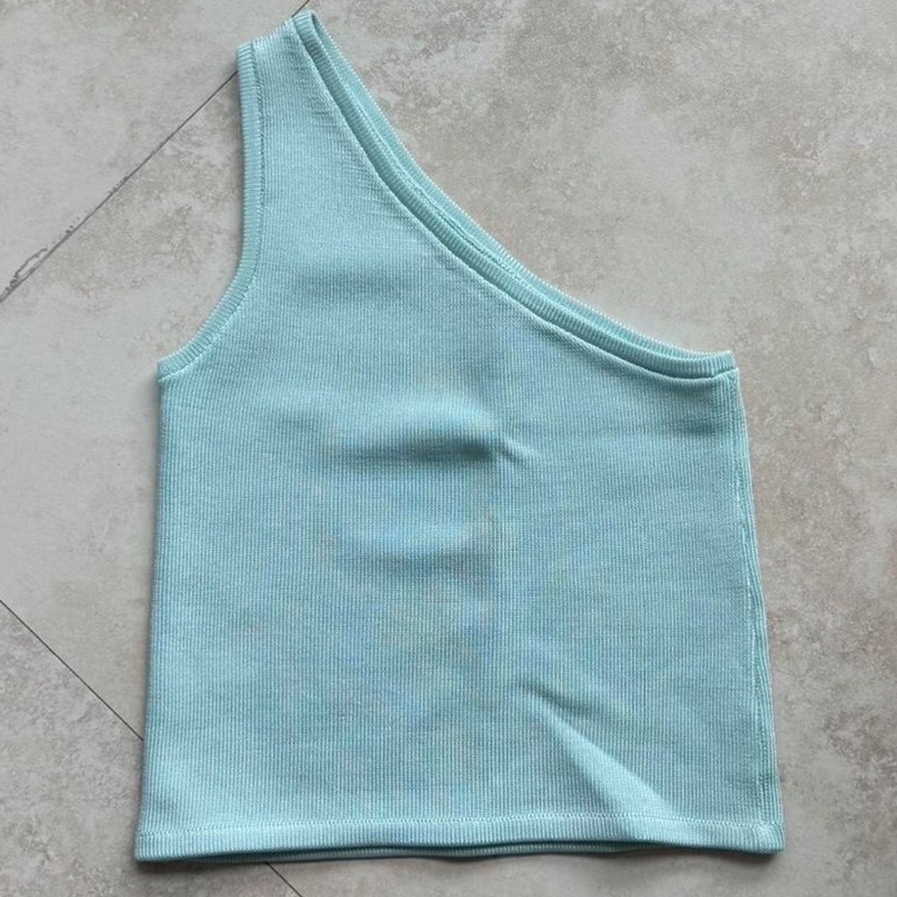 Calle Del Mar knit one shoulder top in light blue